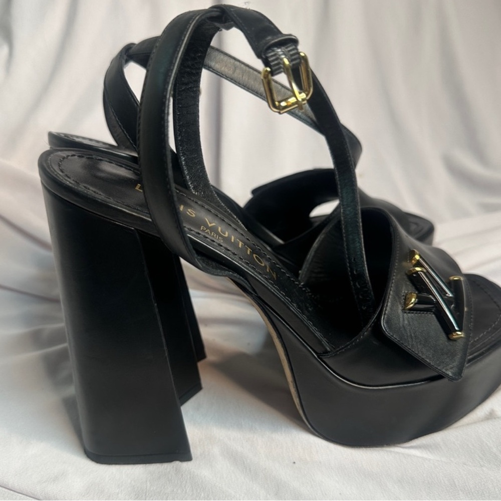 Louis Vuitton Black chunky Heels with Gold Accents - Picture 3 of 5
